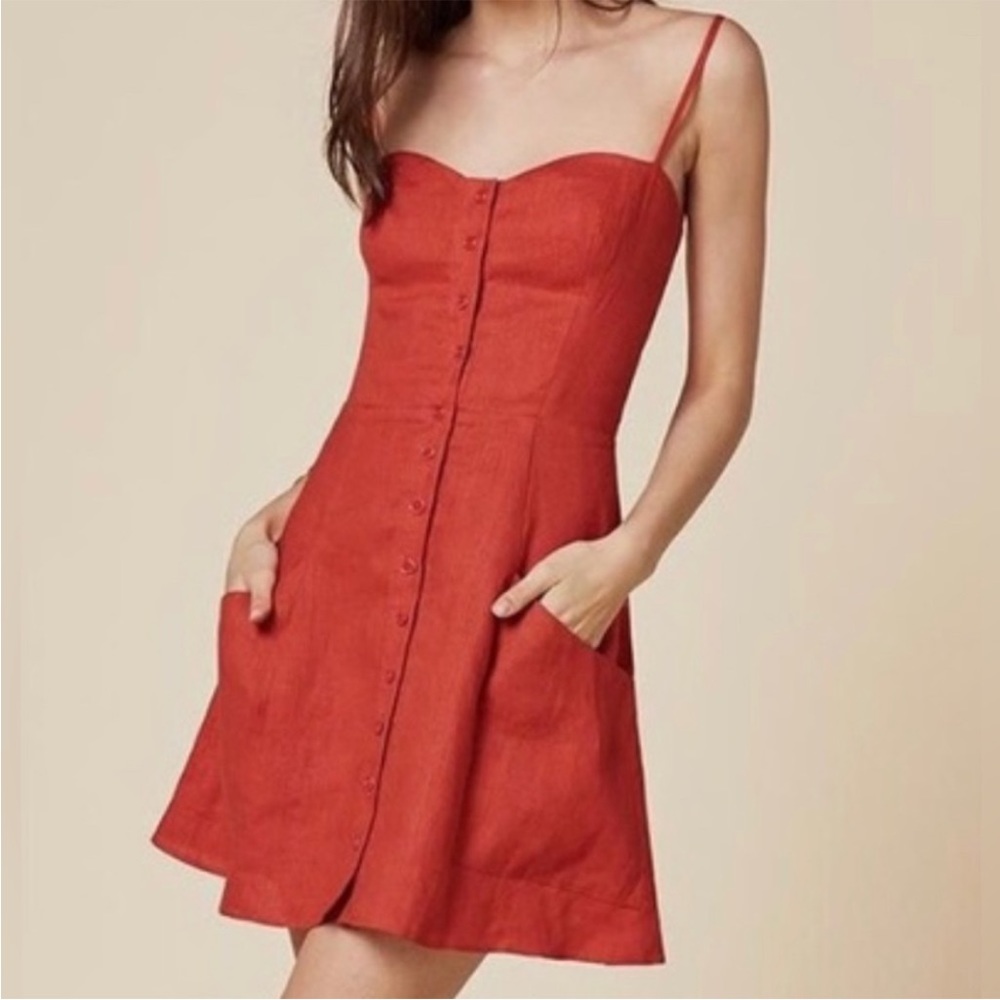 Reformation Amery Red Linen Spaghetti Strap Fit & Flare Dress w/Pockets- Size 0